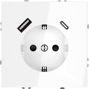Розетка встраиваемая VOLTUM S70 с заземлением и защитными шторками, 16А, с USB, A+С, (белый глянцевый)