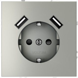 Розетка встраиваемая VOLTUM S70 с заземлением и защитными шторками, 16А, с USB, A+A, (сталь)