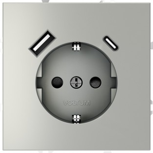 Розетка встраиваемая VOLTUM S70 с заземлением и защитными шторками, 16А, с USB, A+С, (сталь)