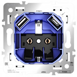 Механизм розетки с заземлением и защитными шторками 16А, с USB A+C, S70
