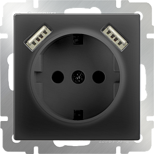 Розетка с заземлением, шторками и USBх2 (черный матовый) WL08-SKGS-USBx2-IP20
